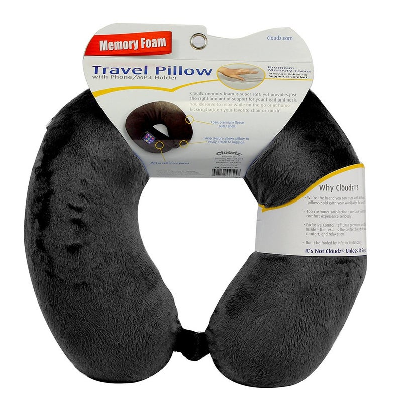 Cloudz Memory Foam Travel Neck Pillow with Snap & Pocket - Black - Image 2